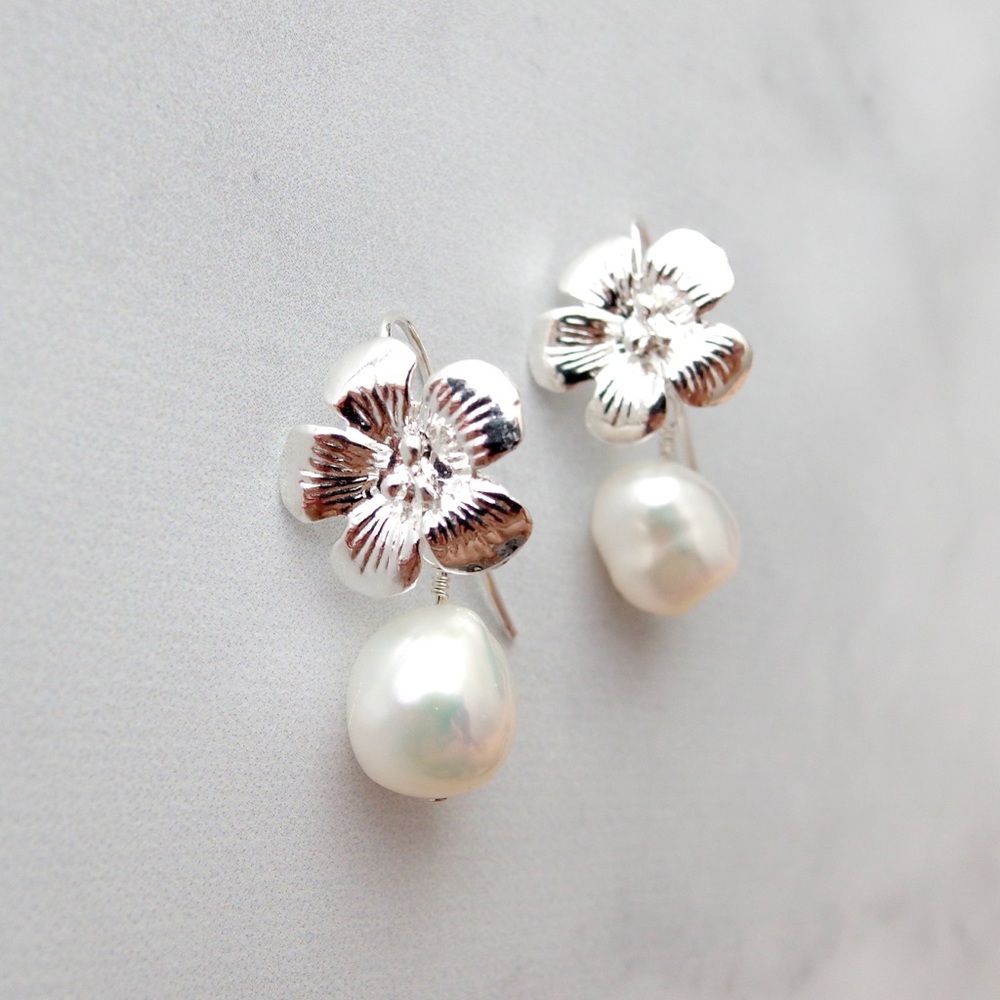 Baroque pearl hibiscus earrings sterling